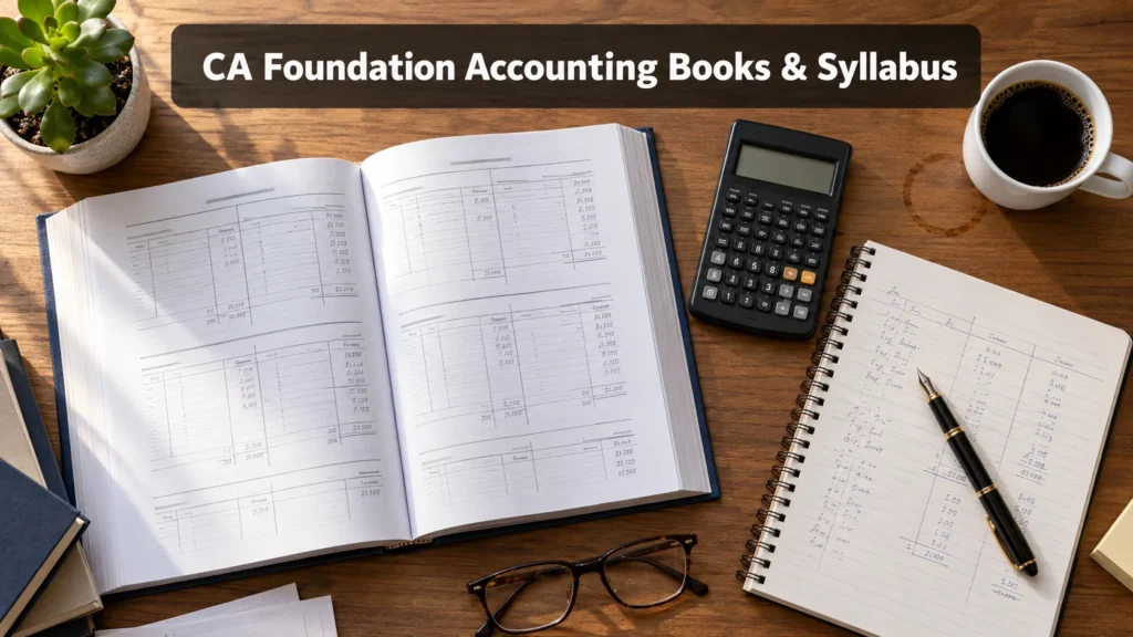 Open accounting ledger book with a calculator, notebook and pen for CA Foundation Accounting