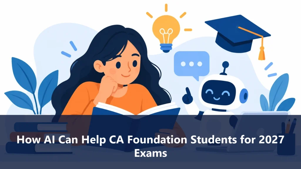 Illustration of a student with an AI chatbot, graduation cap and light bulb for CA Foundation preparation