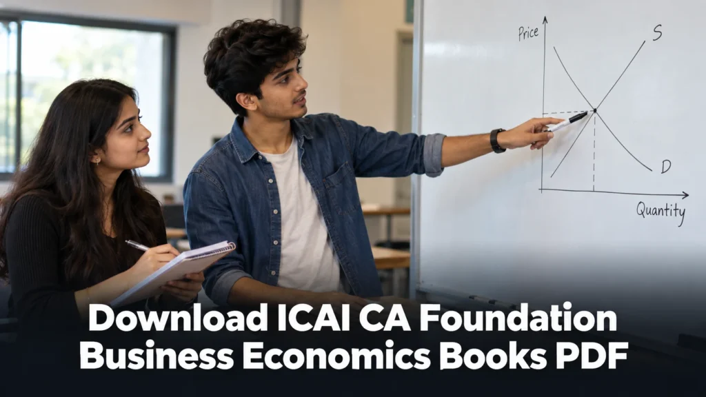 Two CA Foundation students discussing a supply and demand graph on a whiteboard