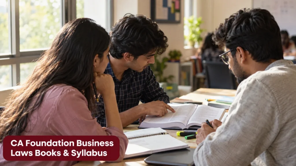 Three CA Foundation students studying Business Laws together with books and notes