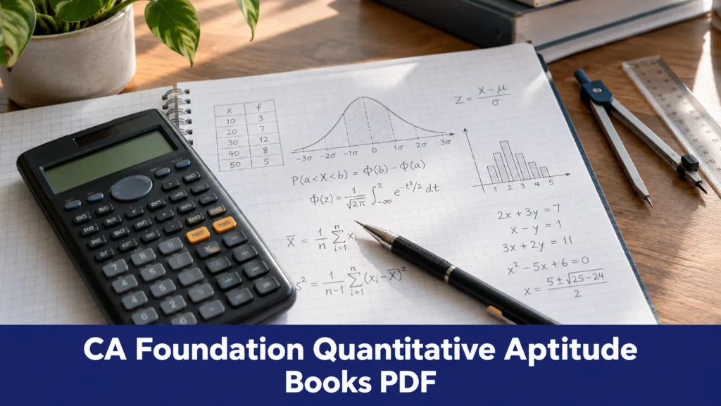 Calculator, statistics notebook and pen for CA Foundation Quantitative Aptitude study