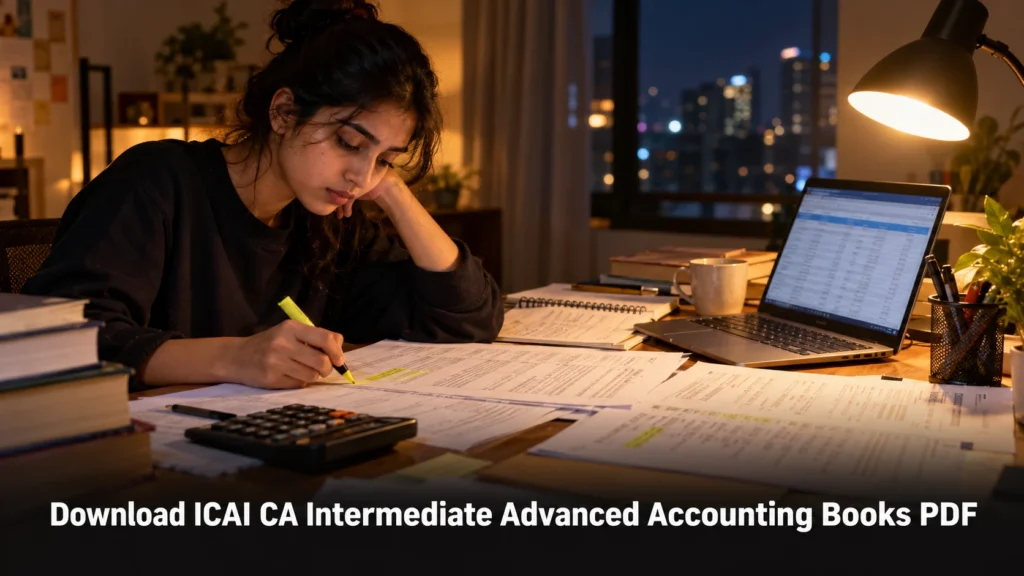 Student solving Advanced Accounting problems with a calculator and laptop for CA Intermediate