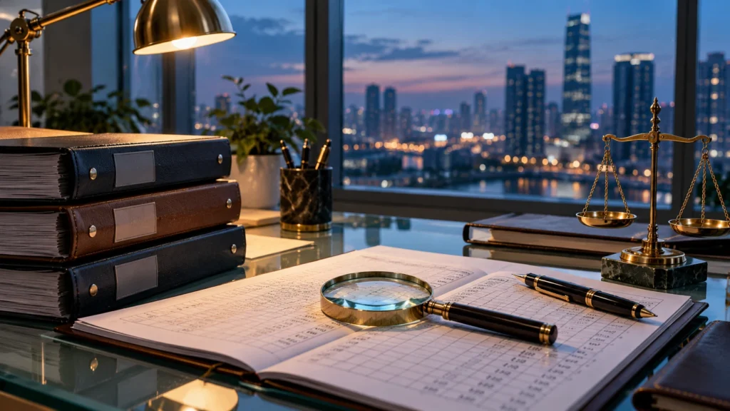 Auditor's desk with binders, magnifying glass, and a balance scale overlooking a dusk city skyline