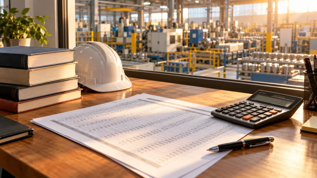 Cost sheet, calculator, and textbooks on a desk overlooking a factory floor