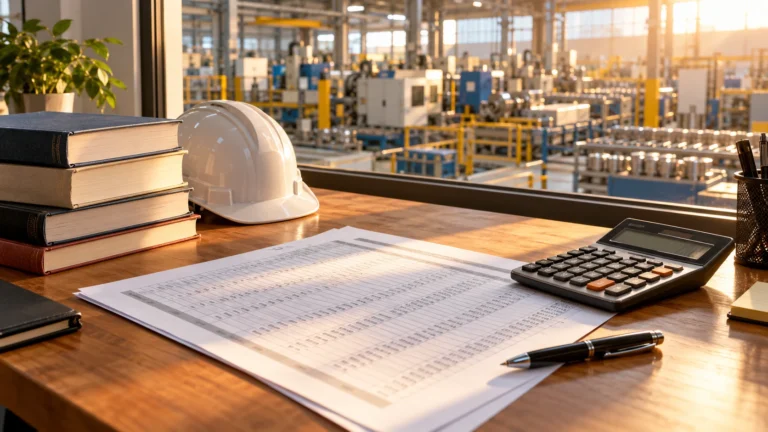 Cost sheet, calculator, and textbooks on a desk overlooking a factory floor