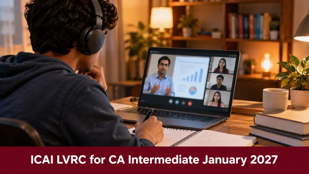 Student with headphones attending a live virtual revisionary class on a laptop for CA Intermediate