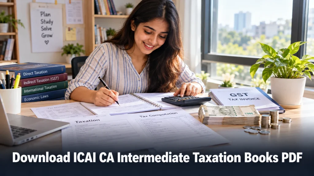 Student studying Income-tax and GST notes with a calculator and tax books for CA Intermediate Taxation