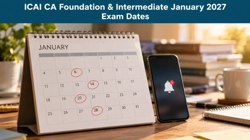 January calendar with exam dates circled beside a phone showing a reminder notification