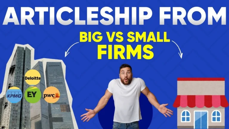 Graphic comparing articleship at Big 4 firms and small CA firms with an anxious student in between