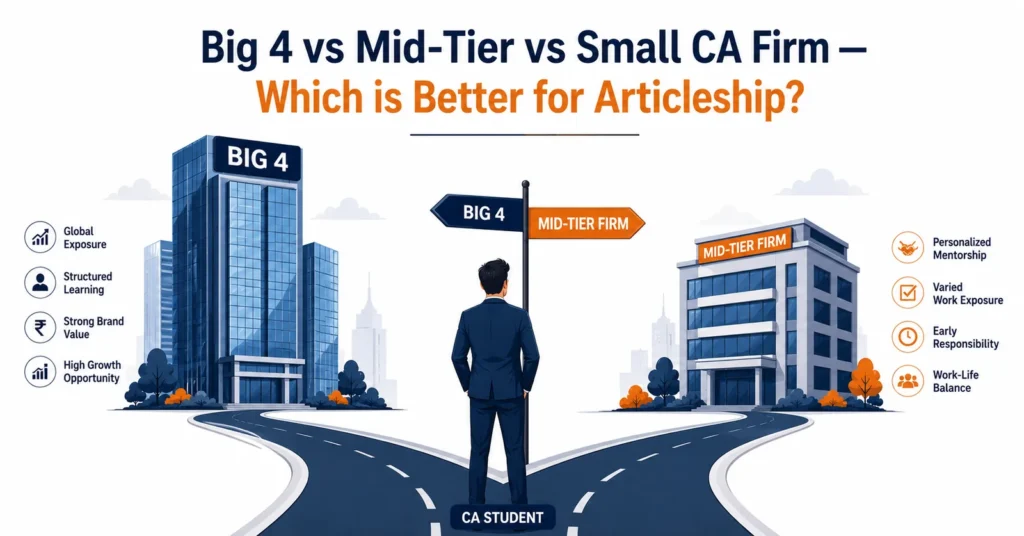 Illustration of a CA student at a crossroads choosing between Big 4, mid-tier and small CA firms