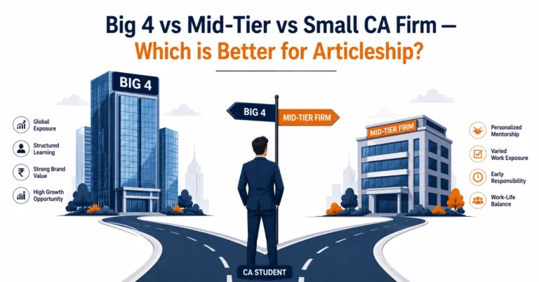 Illustration of a CA student at a crossroads choosing between Big 4, mid-tier and small CA firms
