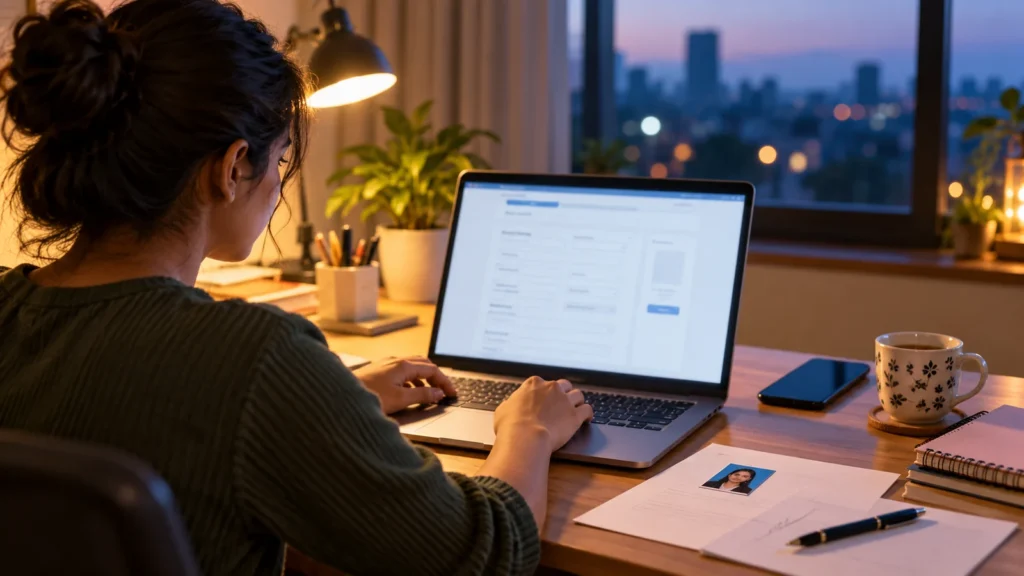 Student filling the CA exam application form online on a laptop at a home desk, with a passport photo and signature sheet beside it