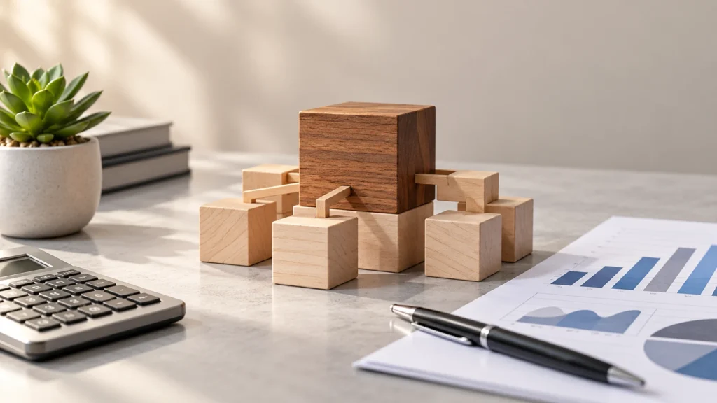 Interlocking wooden blocks representing group consolidation beside a calculator and bar chart report