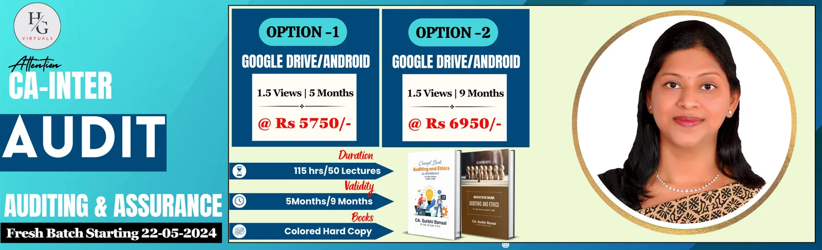 CA Inter Audit and Assurance fresh batch banner by CA Surbhi Bansal with Google Drive and Android options