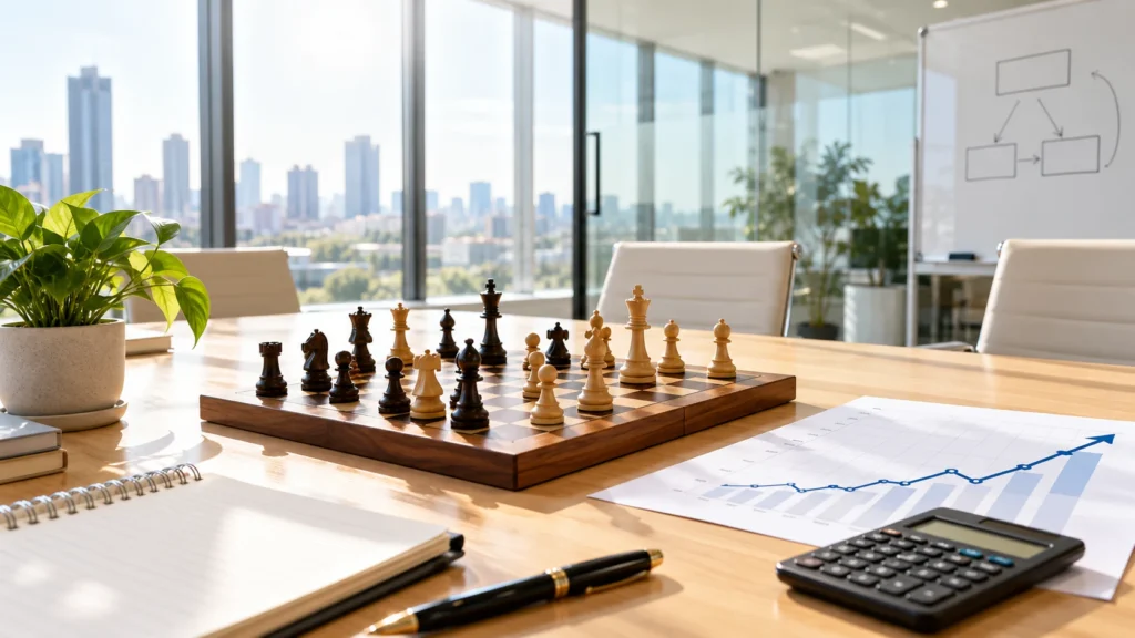 Chessboard, rising line graph, and calculator on a meeting room table in bright daylight