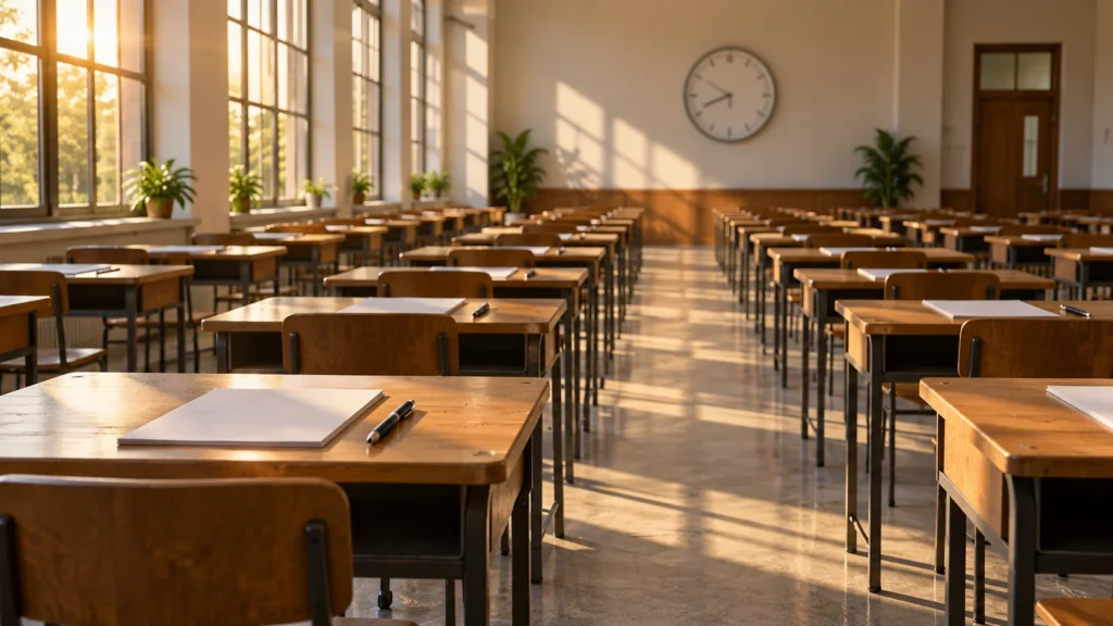Empty examination hall with rows of wooden desks in early morning sunlight