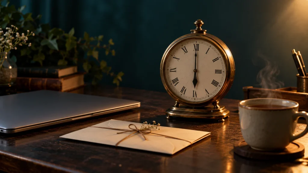 Brass desk clock, sealed envelope, laptop, and tea on a dark desk, waiting for exam results
