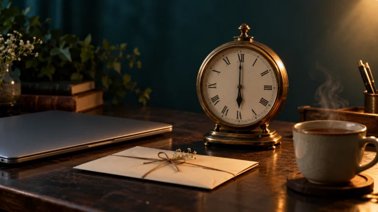 Brass desk clock, sealed envelope, laptop, and tea on a dark desk, waiting for exam results