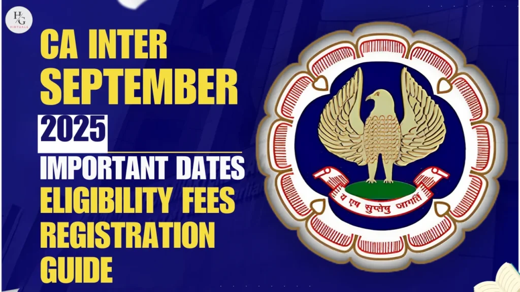 Graphic with the ICAI emblem and the text CA Inter September exams dates, eligibility, fees and registration
