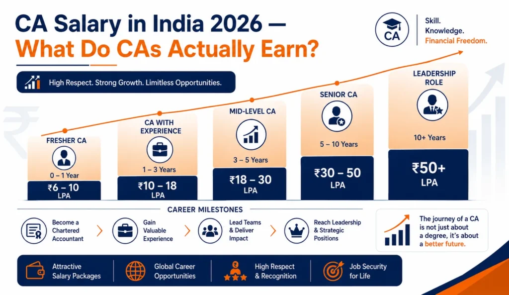 Infographic of CA salary growth in India from fresher to senior and leadership roles