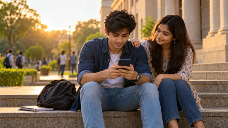 Two students on college steps checking an exam result on a phone in the evening light