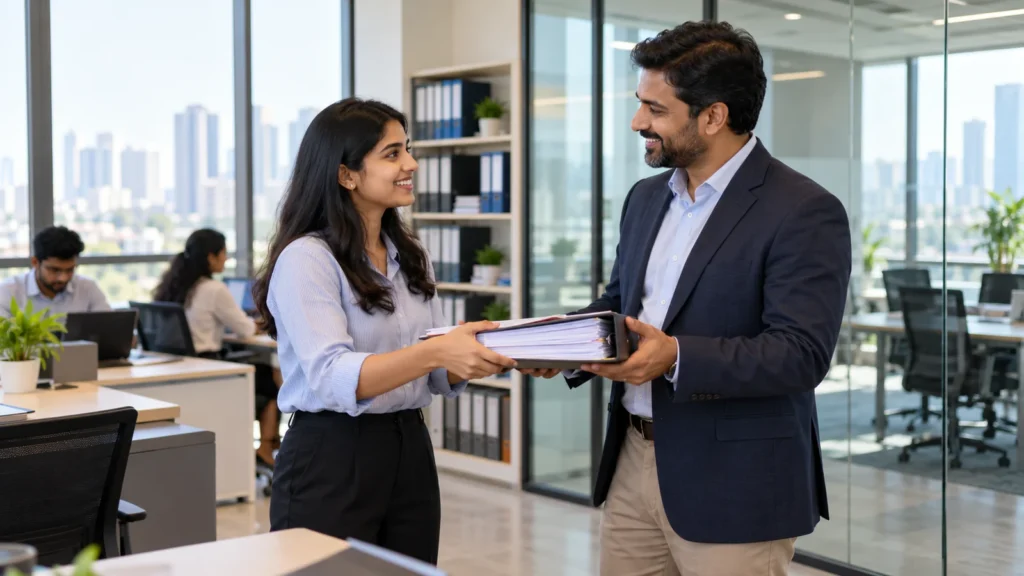 Young trainee handing a thick file to a senior mentor in a modern accounting firm office