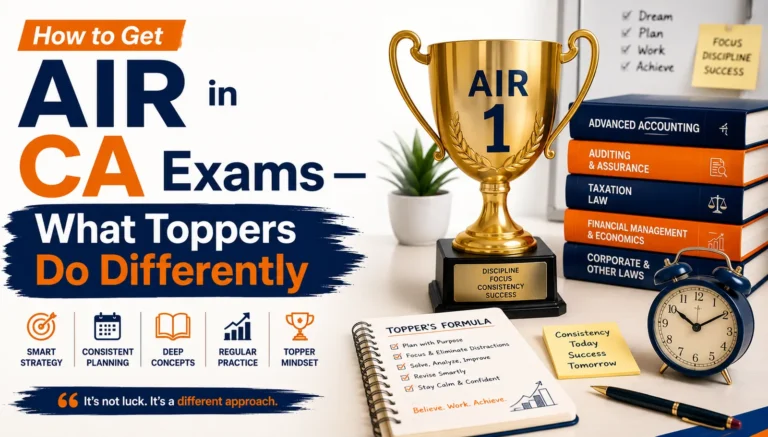 Gold AIR 1 trophy beside CA subject books with the text How to Get AIR in CA Exams