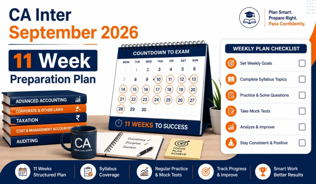 CA Inter 11-week preparation plan with a countdown calendar and weekly checklist