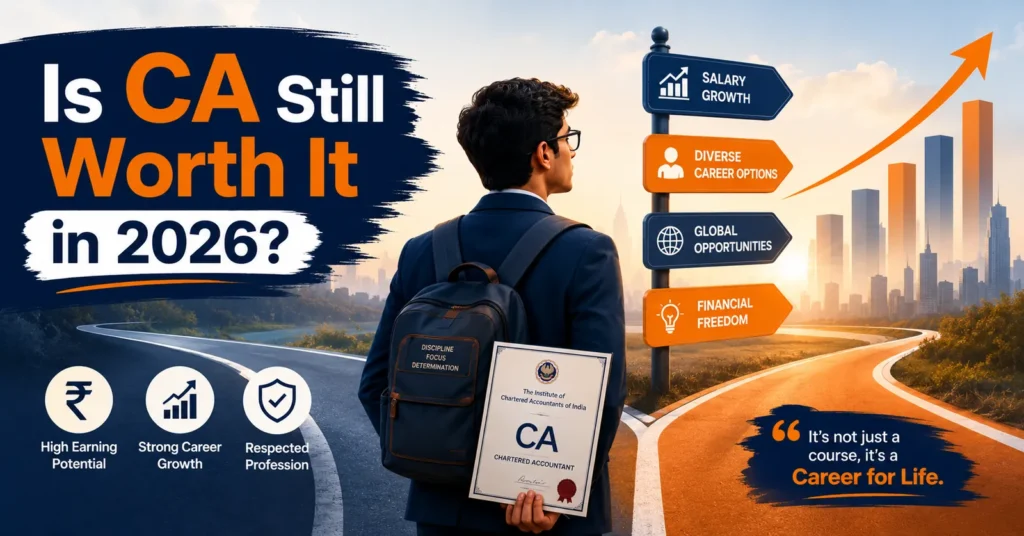 Illustration of a CA graduate holding a certificate at a crossroads asking if CA is still worth it