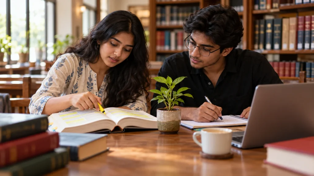 Two law students studying a highlighted law textbook together at a library table with a small sapling plant