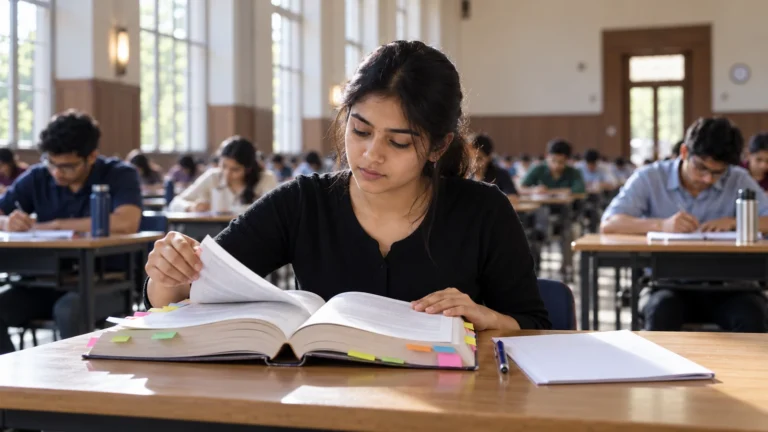 Student in an exam hall consulting an open reference book while writing a CA Final open book paper