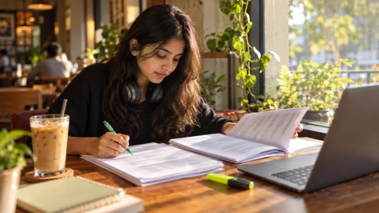 Student comparing printed answer sheets with an answer key using a green pen at a cafe table