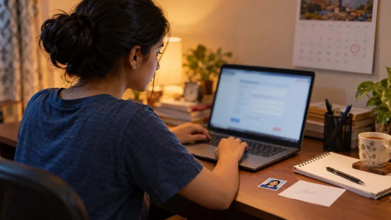 Student filling the CA January exam form on a laptop at a study desk with a passport photo, signature sample and calendar