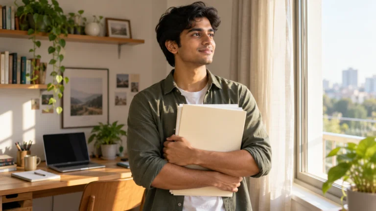 Student holding a folder of evaluated answer sheets and looking hopefully toward a sunlit window