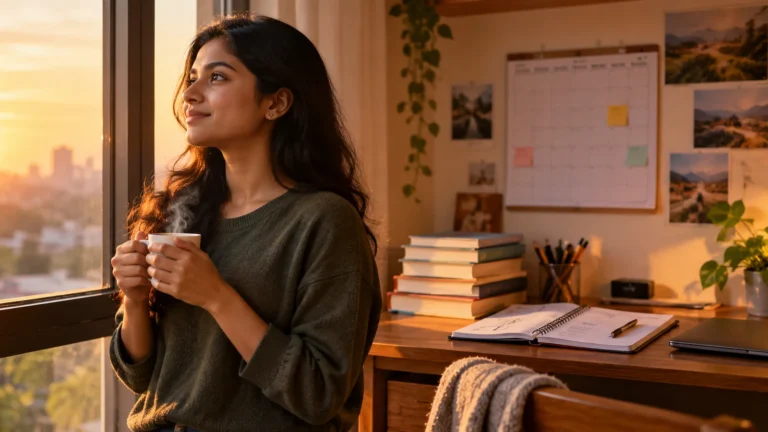 Student with a cup of tea looking at the sunrise by a window, with a study desk and planner behind