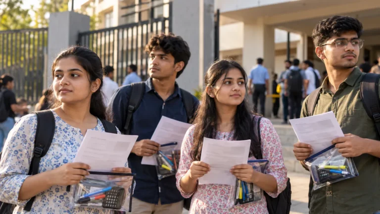 Group of CA Final students outside an exam centre holding printed admit cards and transparent pouches with pens and calculators