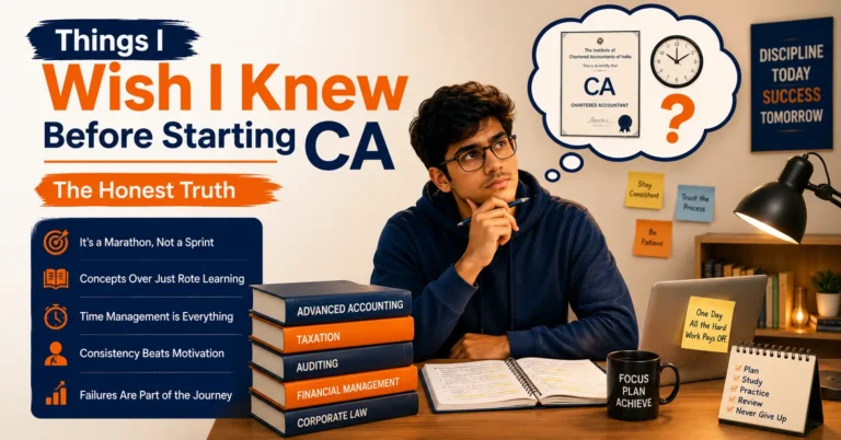 Student thinking beside CA subject books with the text Things I Wish I Knew Before Starting CA