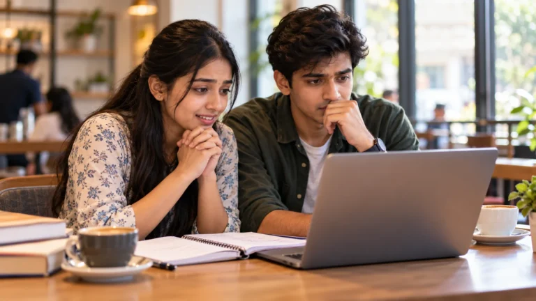 Two CA Foundation students checking their exam result on a laptop with hopeful expressions